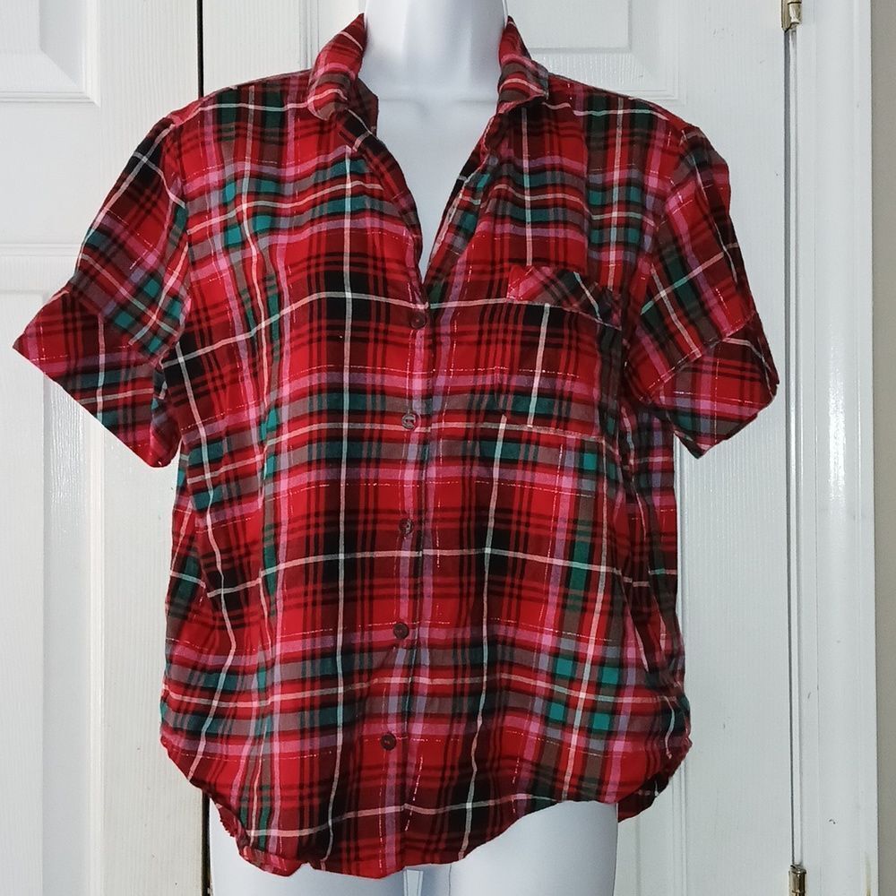 Victoria's Secret  plaid red christmas holiday pj button down top  SzXS NWOT